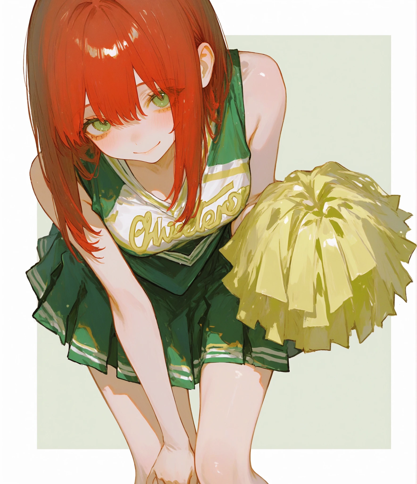 yotsuba nakano, bangs, short hair, blue eyes, hair between eyes, hair ribbon, hairband, orange hair, green ribbon, outdoors, excited, laugh, looking at viewer, ((panties)), cheerleader