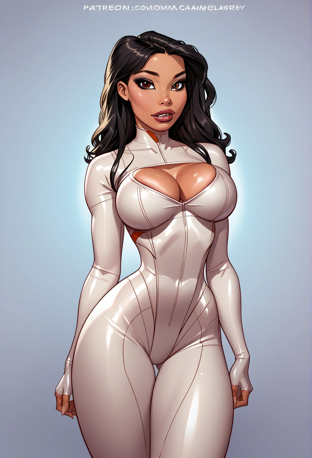 african, dark skin,black woman,beautiful detailed eyes,black longhair,longeyelashes. white outfit, tight outfit, cleavage. big tits,big legs,busty. Comic style