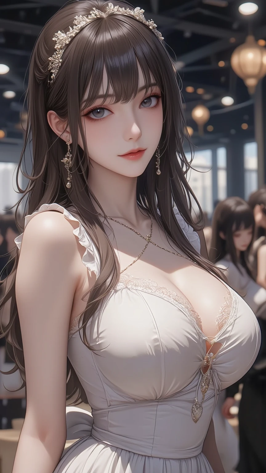 (A hyper-realistic)、(illustratio)、(hight resolution)、(8k picture)、(ighly detailed)、(ベストillustratioレーション)、(beautifully detailed eyes)、(top-quality)、(ultra-detailliert)、(​masterpiece)、(wall-）、（A detailed face）、独奏、1 girl in、looking at viewert、fine detailed、A detailed face、in the darkness nigth、deep-shadows、lowkey、pureerosfaceace_v1、Big smile、long、Brown Shawl Straight Hair、46 points of beautiful bangs、Colossal tits、cleavage of the breast、constricted hips、