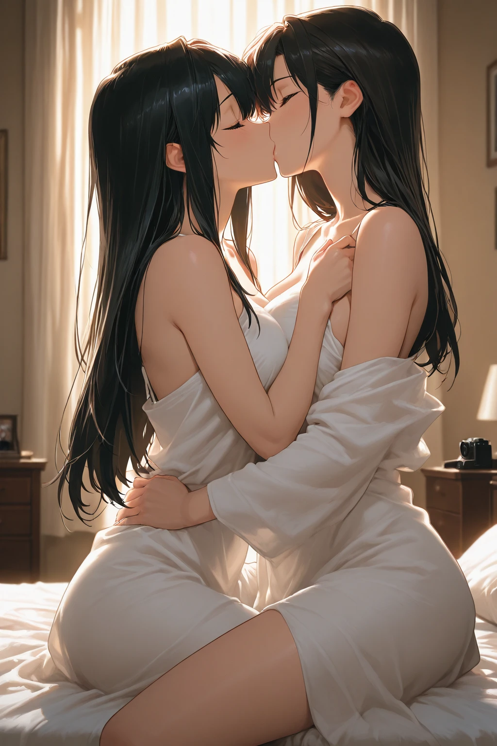 score_9, score_8_up, score_7_up, source_anime, 1boy, 1girl, mature female, mother and son, kid, kiss, lying on bed, full body, naked, sperm stained, used condoms, big panis,