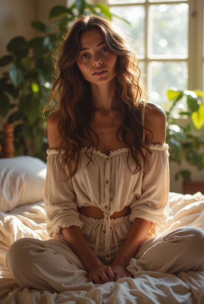(photorealism:1.2), beautiful woman, sitting on bed, wearing loose off-shoulder top, pajama pants, long curly hair, indoors, soft lighting, plants in background, window with sunlight, cozy room, relaxed pose, realistic, intricate details, warm colors, by Greg Rutkowski, by Alphonse Mucha