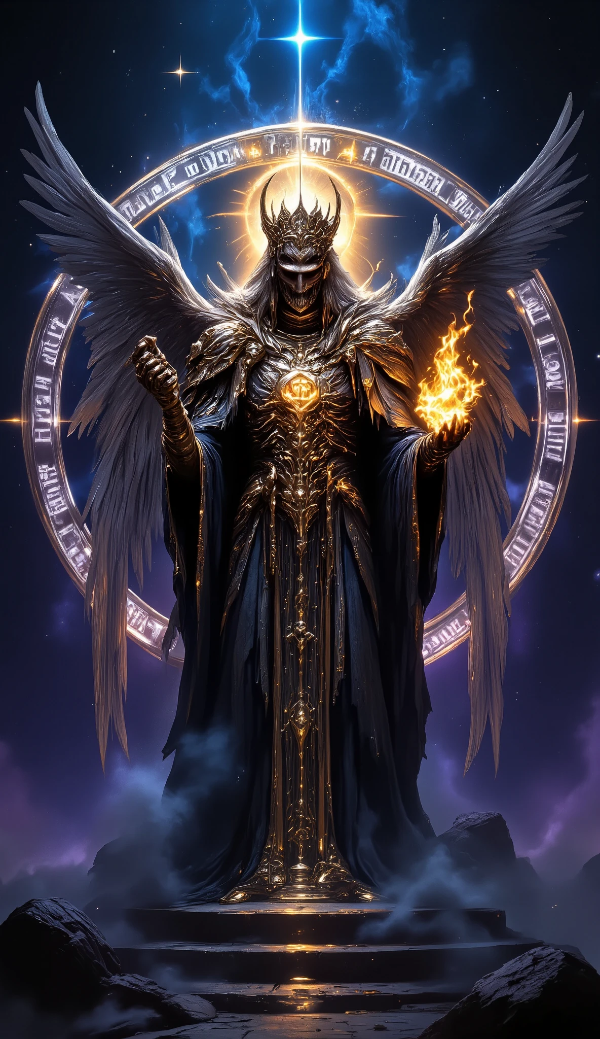 Create a intricate, symbolic image of the 72 names of the angels according to Kabbalah, arranged in a precise, circular pattern, with each name written in a elegant 72 angels names, and this image must include the Kabbalistic gate of opening paths and evolution, represented by a large, ornate gate with intricate carvings and symbols of kabbalah, set against a backdrop of a celestial, starry night sky with shades of deep blue and purple, and the gate should be adorned with golden accents and illuminated by a soft, ethereal light, with the 72 names of the angels radiating outward from the gate, forming a harmonious, symmetrical design that embodies the principles of Kabbalistic mysticism and spiritual growth. with an image of a majestic, hyper-realistic angel in a sober and somber setting, shrouded in thick smoke. He reverently holds the Hebrew symbol for the name “YHWH” (יהוה) in one hand. Around his other arm is an intense, mystical flame that emanates golden light. His clothes are long, ancient, in dark tones with golden details, adorned with Jewish symbols and apocalyptic elements—such as eyes, trumpets, and sealed books. The angel's wings are enormous and made of light, radiating power and heavenly authority. The environment is ethereal, like an apocalyptic prophetic vision.