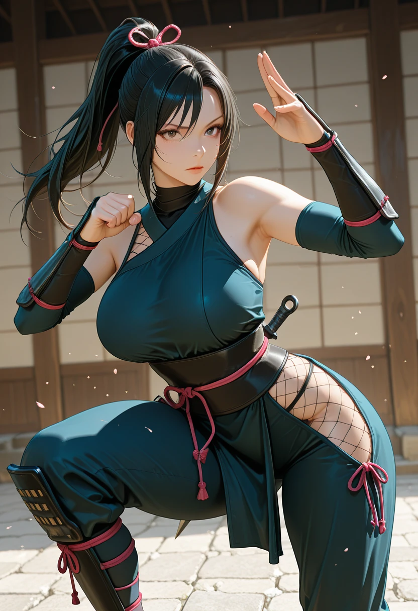 (masterpiece, best quality), 1girl, <lora:hibachi-nvwls-v1:1> msHibachi, hair ornament, armband, japanese clothes, bandeau, sleeveless, black skirt, green gloves, thighhighs, hair ornament, armband, bandeau, cleavage, black skirt, green gloves, thighhighs, midriff