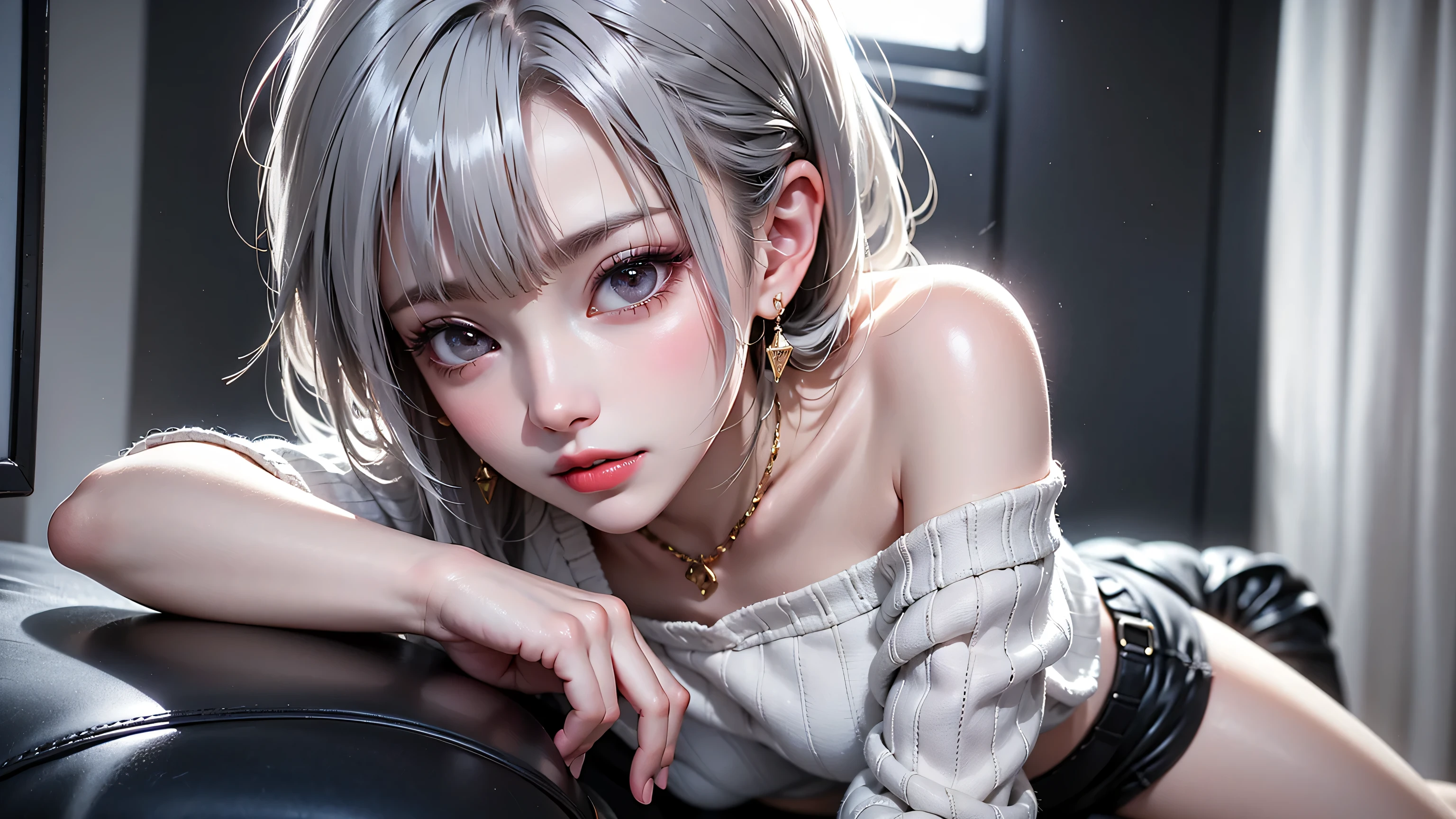 （in 8K, Best Quality, masutepiece:1.2)、超A high resolution, 1girl in,(pubic tattoo,glowing tattoo),Solo, White hair, Short hair, Straight hair, Blunt bangs, grey  eyes, topless, nude,, pale skin, Looking at Viewer, Light blush, lightsmile, Head tilt,open mouse,Detailed fingers、Cyberpunk room