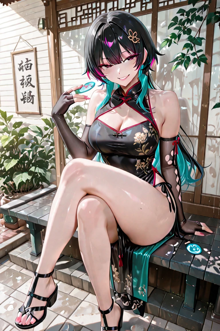 A MILF_Saga, (8K, (RAW photo:1.2), (Photorealistic:1.3), Realistic, Photorealistic, Best quality, absurderes, 超高分辨率, Masterpiece, color difference:1.1)), NSFW, (view the viewer:1.21), (1girll), (Bun, hair-bun), Eye focus,  Thighs, navel, Town, Outdoors, Chinese style architecture, hair adornments, Bare shoulders, jewelry, Earrings
