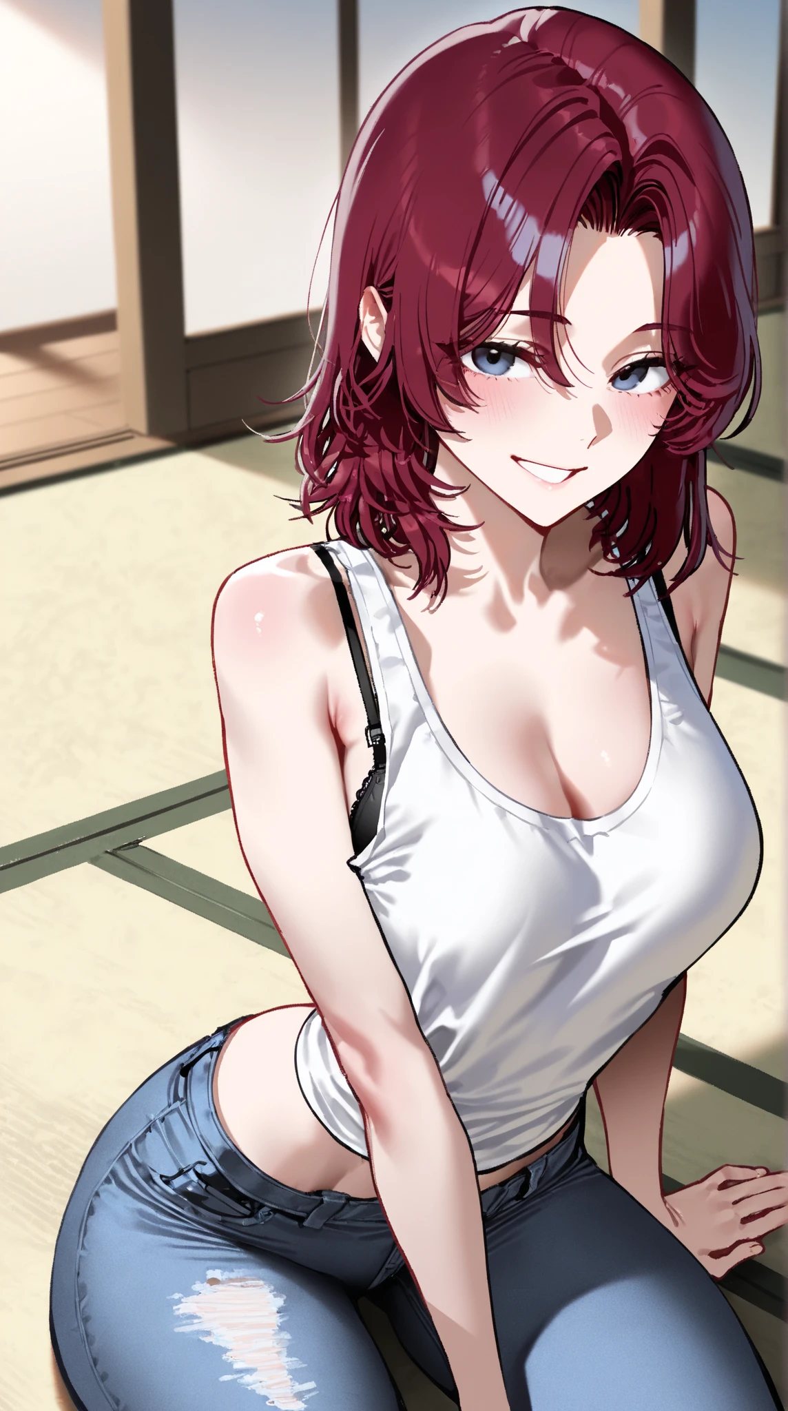 Masterpiece, best quality, castlevania style,nishikino maki, red hair, purple eyes,breasts, pink crop top,pants,night , standing,posing, gloves , medium hair, sweating, necklace