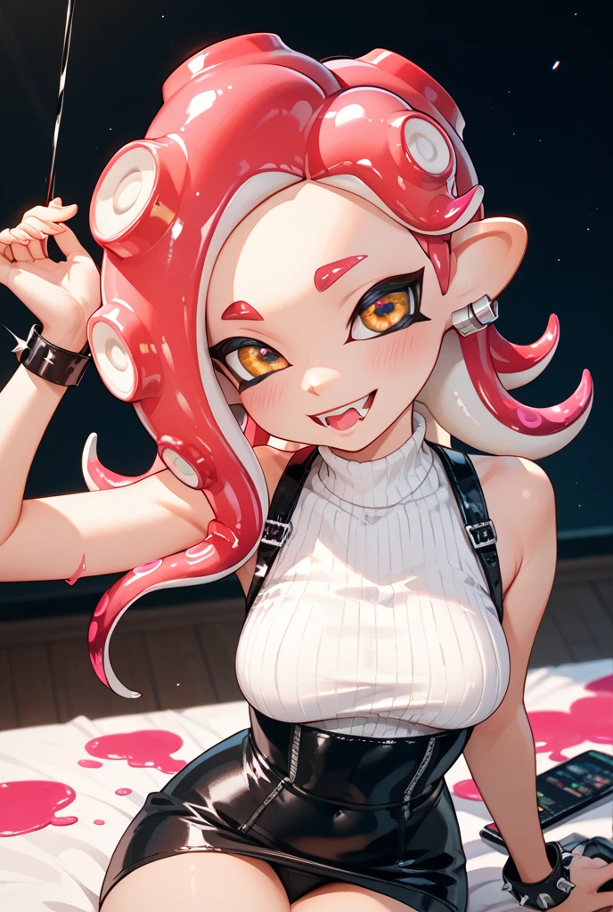 Sandy red pink hair hair, blue eyes, l big , thick thighs, hours glasses, wavey hair, (((1girl))), bow on hair, twin tails, choker, red choker, off shoulder pink shirt