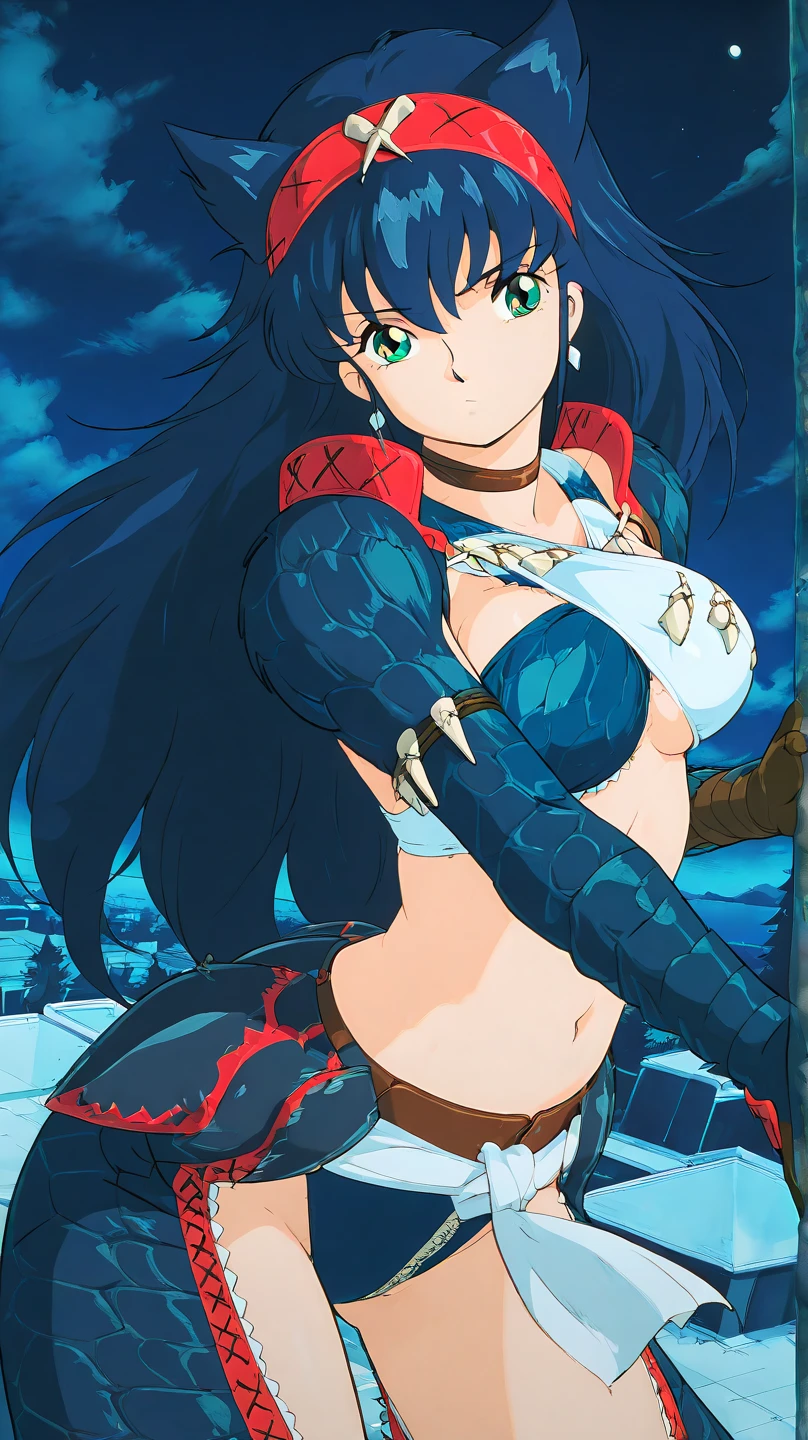 1girl, solo, cowboy shot
, <lora:Magical_Halloween:0.8>, rosemary, blue hair, long ponytail, midriff, lipstick ,forehead mark , skull, mini skirt ,cape
, sea , sky