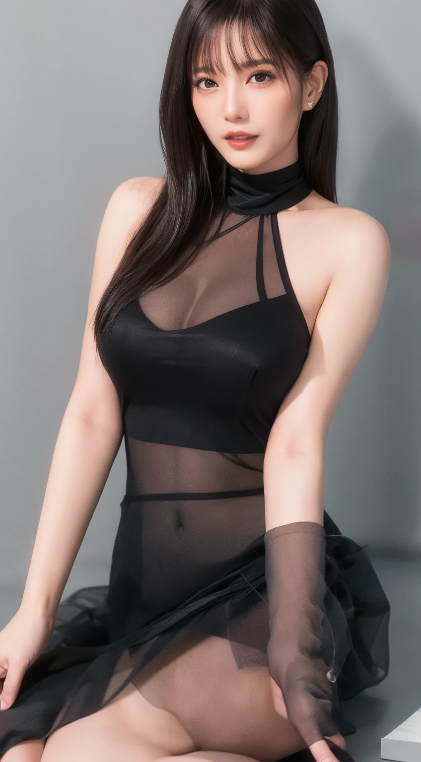((Top Quality、16K、​masterpiece:1.3))、a tall and beautiful woman、Perfect Figure:1.4、(gothic aesthetic) Slim Abs、(goth girl) black hairstyle、long hair、No postural movement、Stand up straight、Huge bust、Highly detailed facial and skin texture、(A detailed eye, Symmetry Eyes, Clear realistic eyes, Double eyelidd、Cold-stricken face、Symmetrical face), pale-white skin (illuminated, realistic shading sound), goth makeup, Royal sisters full of fans、The Telegraph Esbian、peach buttocks、(black gothic Knit Dress, Very Tight Knit), cleavage,  squart、(Raw foto:1.2)、((Photorealcitic:1.4))Top Quality、​masterpiece、Real Photography、very delicate and beautiful.、super detailed CG、Unity、8K photo wallpaper、delicate detail、best qualtiy、Highly detailed CG unity 8k wallpaper、absurderes、Incredibly Absurd、huge file size、extremely highly detailed、Hight Resolution、ighly Details、Beautiful detail girl、extremely detailed eyes and face、beautiful delicate eyes、Facial light、cinematic lightings、(big hips, thick thighs, beautiful legs, black pantyhose) 1girll、see -through,Watch your audience, Plane Air, high ponytail、ulzzang-6500、The Telegraph Esbian, different poses at different angles,
