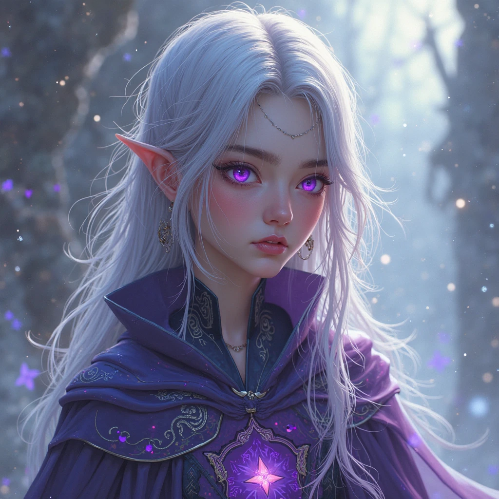 sorcerer elf, white hair, gray skin tone, violet eyes, with the drawing of a moon on his forehead --auto
