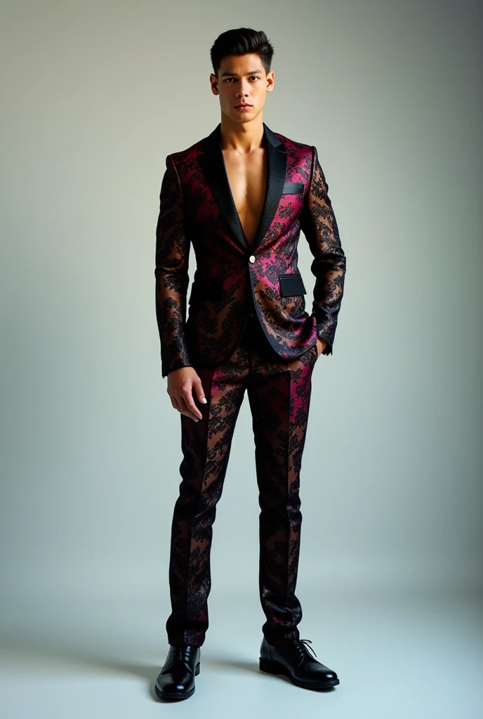 Man wearing  , nightsuit print in leather luxury Brand name ME SHOW tag line live in style 