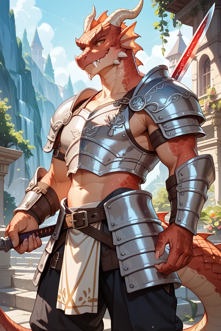 ((Dragon)), ((loincloth)), ((((armor)))), (((exposing chest))), hatless, (((showing pecs))), (((((open chest))))), manly, virile, male, solo, adult, nipple focus, nipples, detailed muscles, (big bodybuilder body), (big muscular male), (detailed muscular oblique), (muscular v-cut), (wide muscular shoulder), (detailed muscular butt), (detailed muscular thighs), (detailed muscular abs), ((((huge muscular pecs)))), (big muscular biceps), detailed face, beautiful eyes, closed mouth, (happy face), sitting in stool, bar counter behind, tavern background, looking at viewer, by bruteandbrawn, by personalami, by kenket, (intricate, high detail, film photography, soft focus, RAW candid cinema, photorealism, realistic, photorealistic, analog style, subsurface scattering, masterpiece, best quality, ultra realistic, 8k)