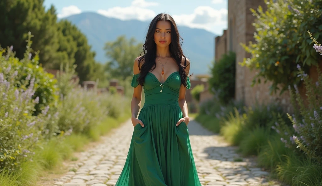 Foto hiperrealista en primer plano de Alicia Vikander, masterpiece, brunette women, best quality, (photorealistic:1.4), full body,  scene from ancientRrome, traditional light green roman long round-neck dress with gold belt, garden, cinematic light, beautiful woman, large breasts, straight dark brunette hair, detailed face, smile she laughs, facing the camera, photo taken from a distance, age of 20 years old, her thick legs are visible, big breast:2.0, deep cleavage:1.5,