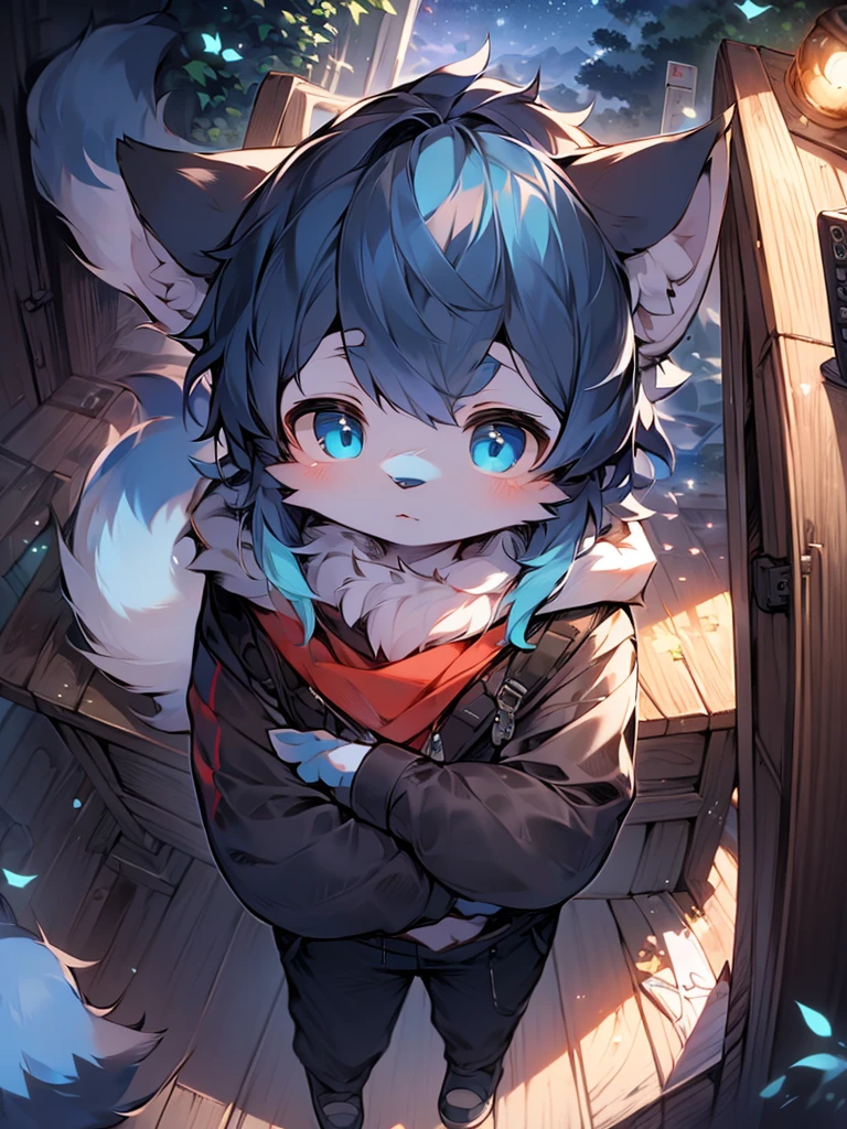 cat plush,hairy,furry,Colorful Patterned White Sweatshirt,black bunny suit,Q version,cute,Simple art style,Cartoon style,purple eyes,Cheerful,happy,Ears with blue hair and ear tips with white hair,blue hair on back,Big tail blue tail tip white,raincoat,dark clouds,rain, on all fours, show big ass, femboy