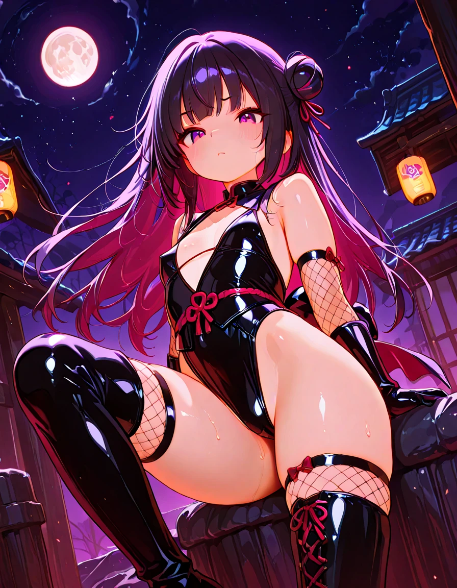 Beautiful nipple stand、1girl in, (Lori with a very young face:1.2) , (flat chest:1.2), A female ninja with a very young face ,, {{kawaii:1.3}}, Cute, {lovely:1.3}3, tiny girl, Black hair, Ponytail, gloves, Moon, elbow groves, Brown eyes, Night,, Looking at Viewer, Angry face with open mouth,fullmoon, Black Gloves, Long hair, Navel, Scrunchie, Bangs, Bare shoulders,Dynamic pose with legs open:1.2, Holding a Japan sword:1.2,East Asian Architecture, nigh sky, architecture, side locks, hair scrunchie, Outdoors, skyporn,full body Esbian:1.3, (She is a very loli and petite 10-year-old girl.、Beautiful slender body、 )、 (Gal girl in mini skirt showing off flashy little pink panties),(huge-breasted, Big Tits, Slender waist)、(great amount of tentacles:1.2, slimy tentacles:1.3,Restrained by tentacles:1.3.Tentacle Sex),(A lascivious female ninja who loves slimy tentacles and sexual acts:1.3),NSFW