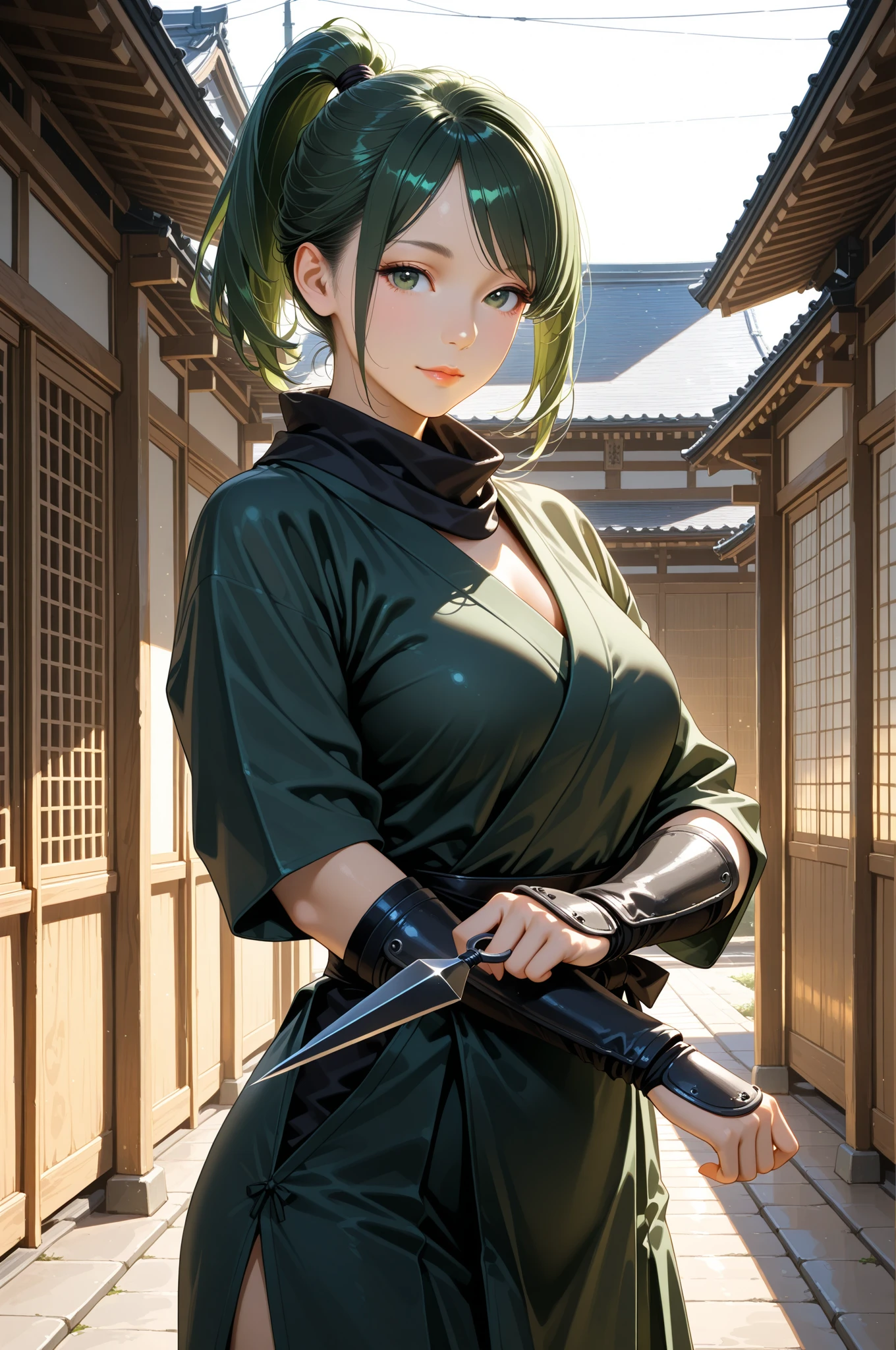 Holding a dagger in each hand、A yellow-green kimono with a shiny pattern、Fearless Smile、Behind is a willow tree々The leaves are lush、Don't change your finger grip、The design of the grip of the tanto will not change.、The grip of the short sword remains the same、The willow leaves are not in front of the person.、The willow tree is far away from the woman.、Perspective between the character and the background、Draw the part of the short sword that is being held firmly.、Draw the handle of the short sword clearly.、Draw the part of the short sword that is being held sharply.、Thighs are bare