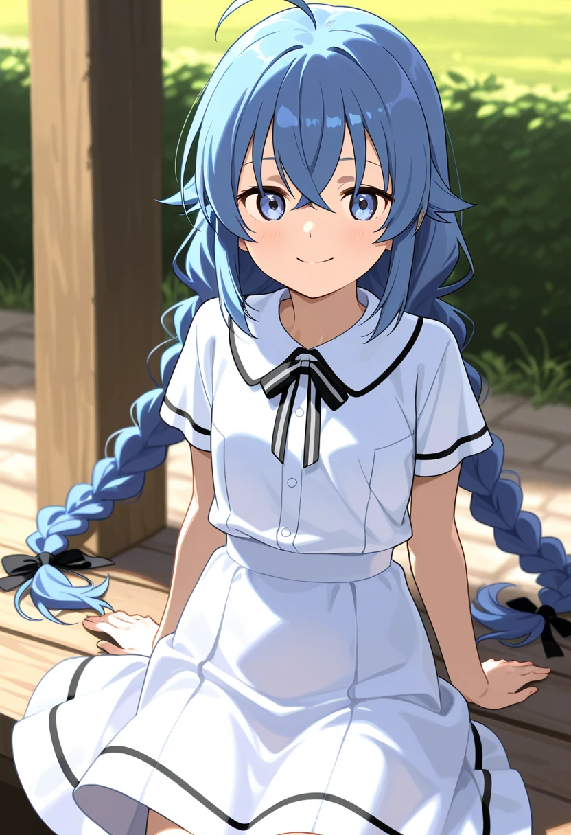 (masterpiece, best quality) ,(high resolution,weak outline),(textile shading) ,BREAK ((1girl)), BREAK (breast cleavage), ((visible breasts)), ((large breasts)), BREAK ((beautiful eyes, blue eyes)), BREAK (twin braids), long hair, ((blue hair)) ,BREAK((little smile)), BREAK (((nude body))),BREAK ((looking_at_viewer)), BREAK ((sitting on a bench, near a house in the countryside background)), ((full body shot)), (((correct anatomy:1.6))), ((pov)),