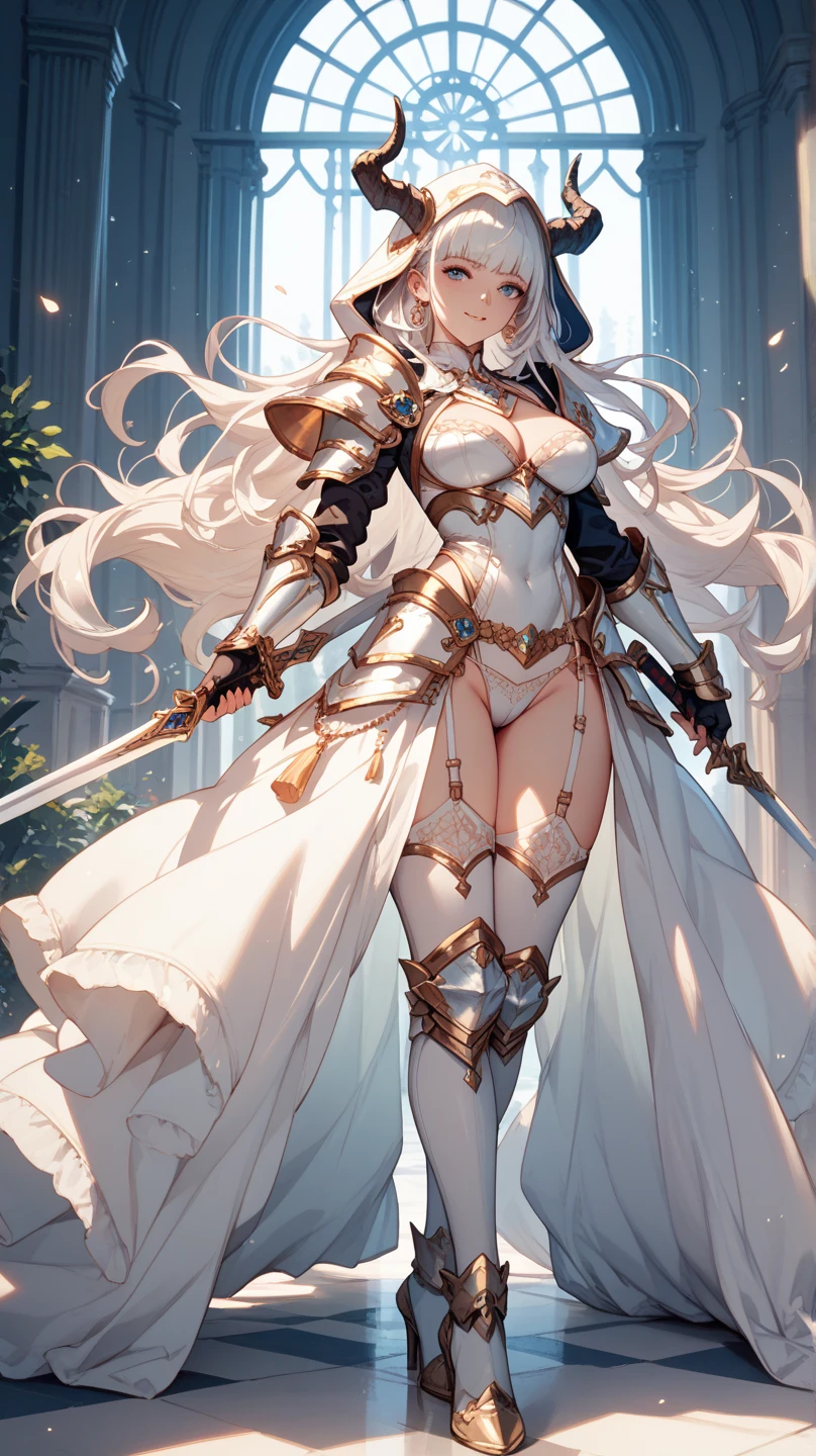 fantasy, 1devil_girl, low_teen, platina_blond_hair,long_bangs,, bare_shoulder, navel out, thighhighs,silver_armor, red_clothes,waist_armor, Glebe, hold_swords, large_breasts, dynamic_flying_pose,Floating,(pelvic_curtain:1.3), silver_Headgear ,looking_down_at_sunrise_city_sky_background,,slightly_spread_legs, some_swords,some_swords_floating_around_the_girl,solo,horn ,smile,,open_legs,open_arms,rise_knee,rise_leg,rise_thigh,rise_leg,forward_leaning_posture,apart_legs,fang,Shiny_gold_eyes,crotch