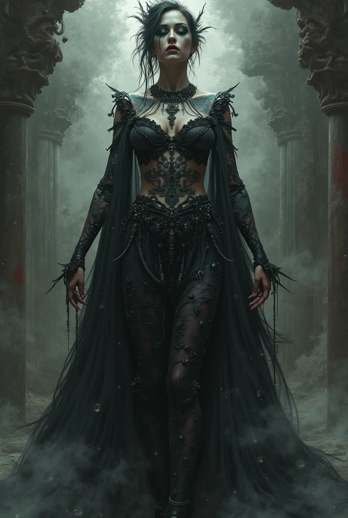 Viperess has an alluring yet sinister appearance. Her eyes are serpentine and piercing, her skin deathly pale. Her most striking feature is her long, jet-black nails and toenails that resemble deadly fangs, capable of injecting venom with a single scratch.Clothing: Viperess adorns herself in dark, flowing robes that accentuate her curvaceous figure. The robes are adorned with intricate snake-like patterns and jewels that glisten in the dim light of the underworld.full body