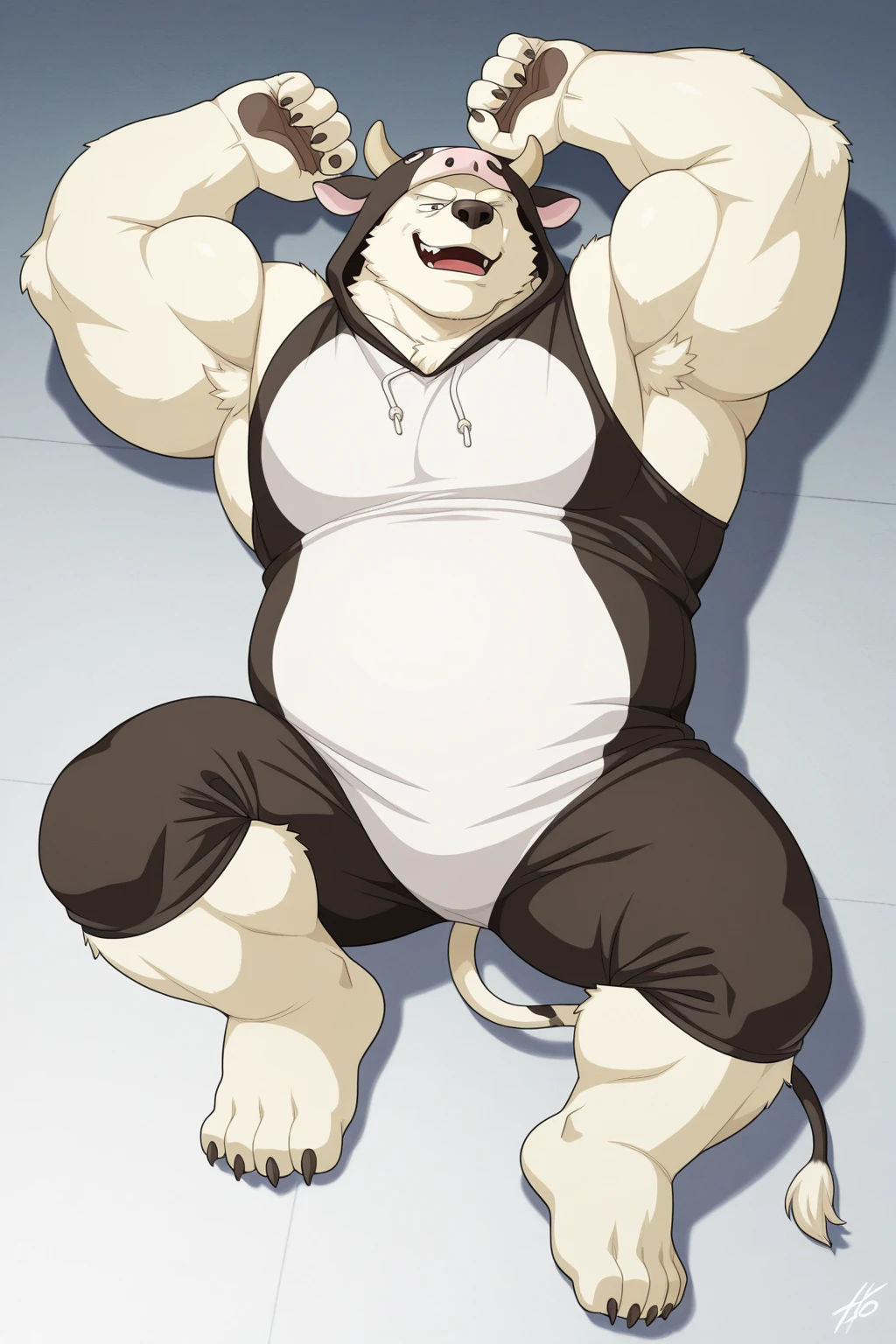 axel cosmas , solo, towel on shoulder,black shorts plump, huge, gym background, nipples, big fat belly, big ass, eyes shut, standing, 5 fingers, musclegut body, lineart, normal eyes, wet body, macro body, massive body, huge pecs, very wide