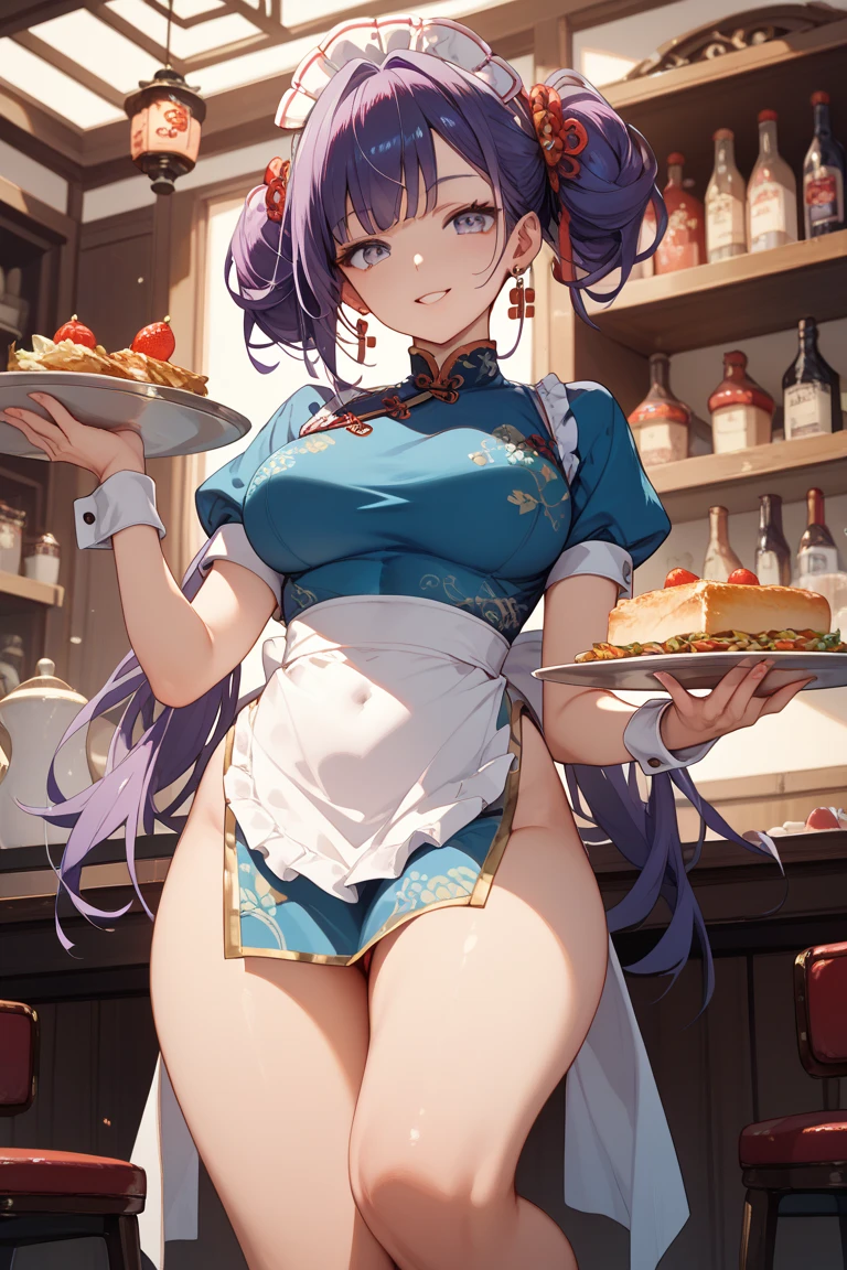 (Masterpiece, High Quality, Top quality, High-Detailed, Detailed CG, Cinematic Shadow, Cinematic Scene, Beautiful Detailed Eyes, Ultra Resolution, Depth of Field), (Full Body View), (Full Body Shot), (Erotic Suggestiveness:1.5), (NSFW:1.2), Looking At The Audience, (Blush Expression:1.2), (Smiling Expression:1.2), (Erotic Expression:1.0), Red Eye, Blue Hair, Five Fingers, Good Composition, (Chinese Dress:1.5), (Short Skirt Chinese Dress:1.2), (Erotic Chinese Dress:1.0), (Blue Chinese Dress:1.0), (Transparent Chinese Dress:1.3), (Chubby:1.0), Thicc Thighs, Thick, Huge Breasts, Body Drench With Sweat, Night time, Restaurant Background, Cafe Background, (Blur Background:1.8)