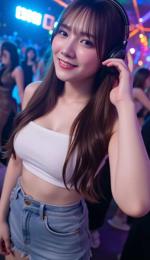 最high quality, masterpiece, 32K、Very detailed、Realistic、1 girl, Japanese women、Sexy pose、Strike a pose for the camera、Cute Face, (photo Actual:1.3), Edge lighting, (Skin with attention to detail:1.2), 8k超High resolution, Single-lens reflex camera, high quality, High resolution, 4K, 8k, Optimal ratio of four fingers to one thumb, (Actual:1.3), smile、自然なsmile、Cat ear headphones(アズールネオンCat ear headphones)、cute 1 girl, Realistic、Super Realistic、32K、Very detailed、masterpiece, 最high quality, beautiful girl, beauty、Large Breasts、big 、big Breastecha, Beautiful lighting, (Neon Light:1.2), (night:1.5), Calvin Klein Bra、neat skirt(Black base with blue accents)、Cyber Neon、Future City、Skyscraper、都会のnight、Shanghai、Metropolis、night景、綺麗なnight景