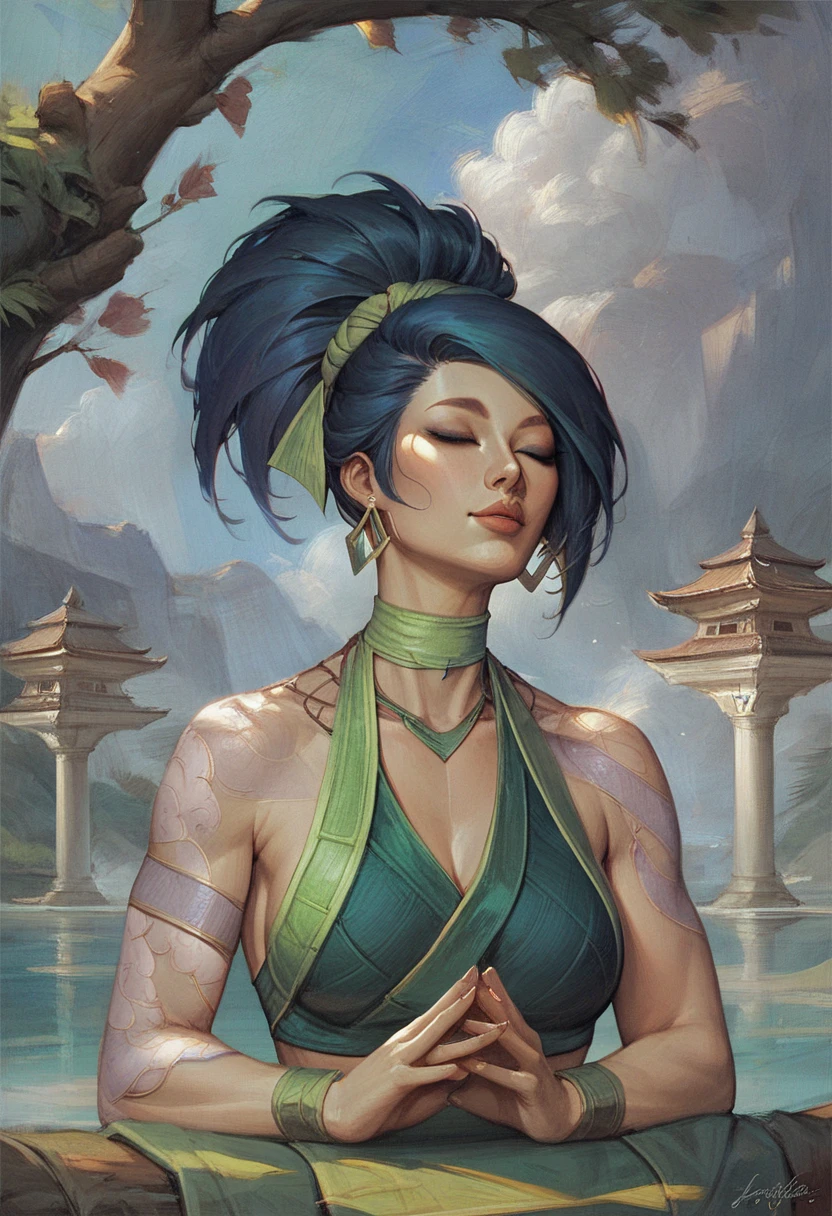 kyoshi, green eyes, makeup, eyeshadow, red lips, helmet, headdress, neutral expression, cowboy shot, green dress, gloves, black gloves, mountain, ((huge breasts, great cleavage, detailed green eyes, anatomical body))