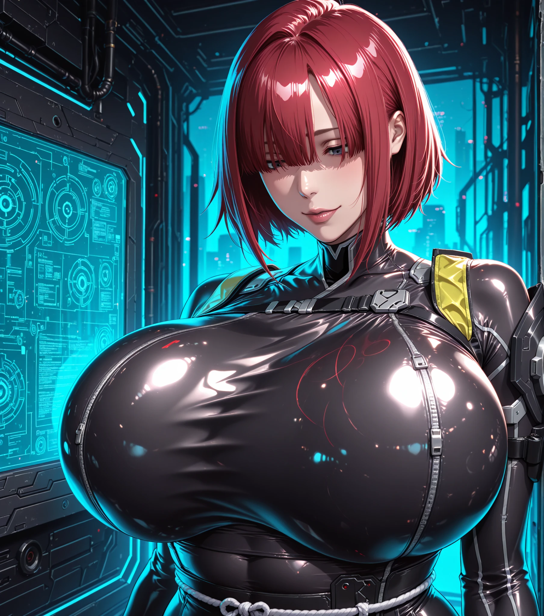 1. Red hair, Machine Girl,((Ultra-Realistic Details, massive accentuated super huge enormously gigantic breasts)), Portraiture, Global Illumination, Shadow, Octane Rendering, 8k, Ultra Sharp,Metal,Complex, Decorations detailed, Cool colors, More about Egypt, highly Complex details, Realistic Light, Trending on CGSociety, Glowing Eyes, To the camera, Neon Details, Mechanical limbs,Blood vessels connected to tubes,Mechanical vertebrae attached to the back,Cervical vertebrae mechanically attached to the neck,Sitting spreading her legs open,Wires and cables connecting to the head