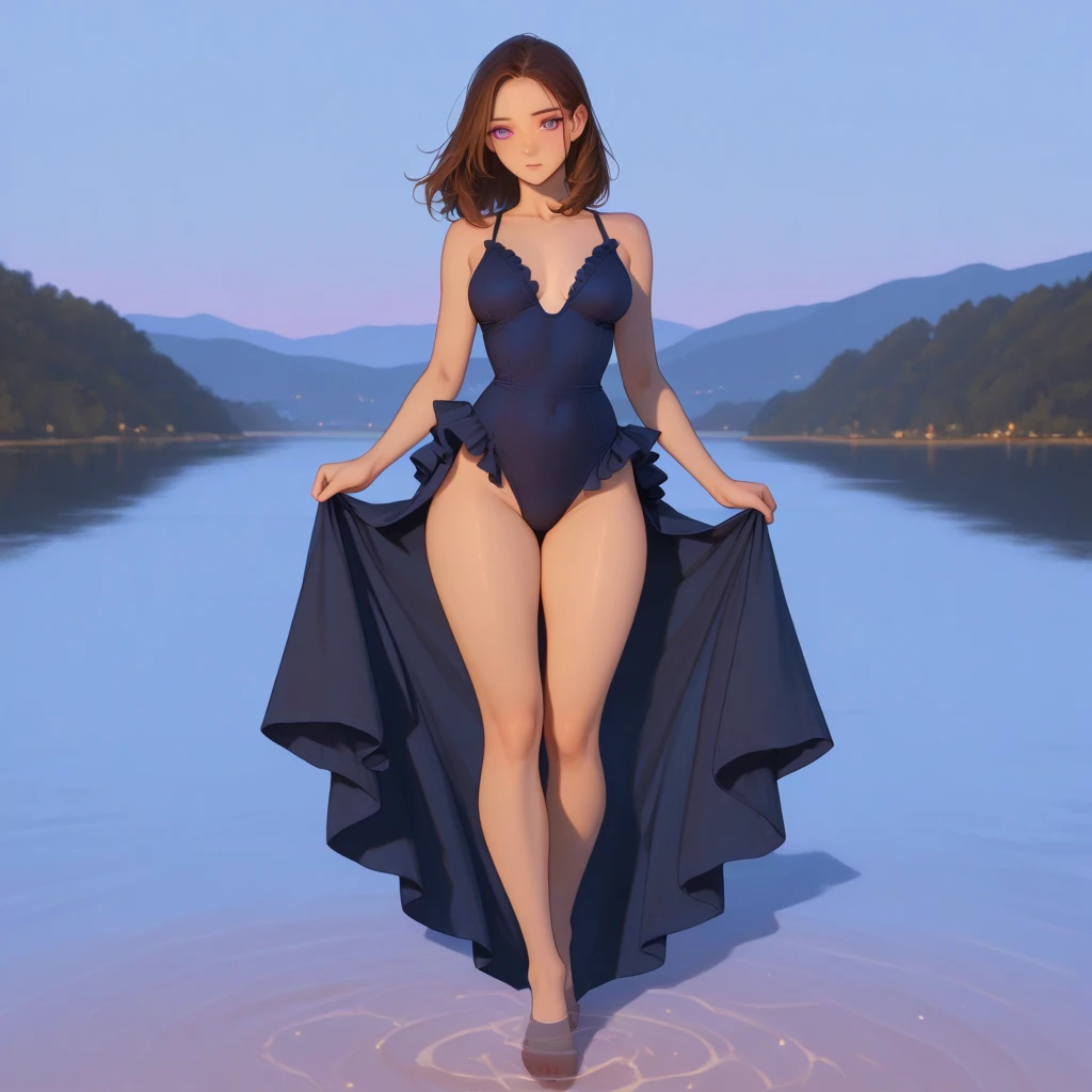 Full body bewitching portrait of standing pool side wearing swimsuit. A capt subtitle captures the essence of this enchanting, magical image: a beautiful, enchanting woman with a captivating and bewitching, glowing face and a flawless, perfectly-shaped body. She stands gracefully on a rooftop, surrounded by a sea of otherworldly flowers, and the sun casts warm, golden light on the scene. In the background, a mesmerizing forest unfolds, bathed in the warm, golden light of a magical tree branch. telephoto lens, golden hour lighting, low aperture