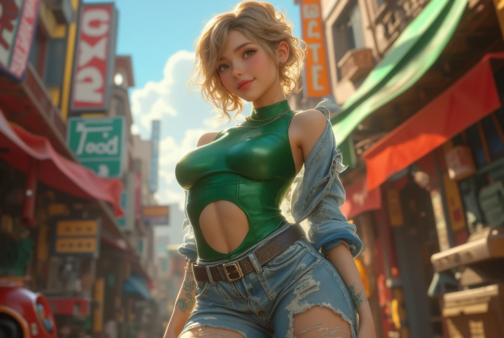 (((HD photo))), ultra high res.photorealistic:. 1.4, UHD, masterpiece, trending on artstation, 1girl, pretty, (detailed cute face, detailed perfect eyes, detailed lips, perfect nose), a little makeup, most beautiful in the world, soft, delicate, (very short hair, blonde:1.3), (cute middle breasts, slim waist), (wearing tight bralette crop top and denim short pants:1.1, cyberpunk ), (standing with stylish pause at nighttime street , athletic, abs), woman soldier:1.4, (smug face)