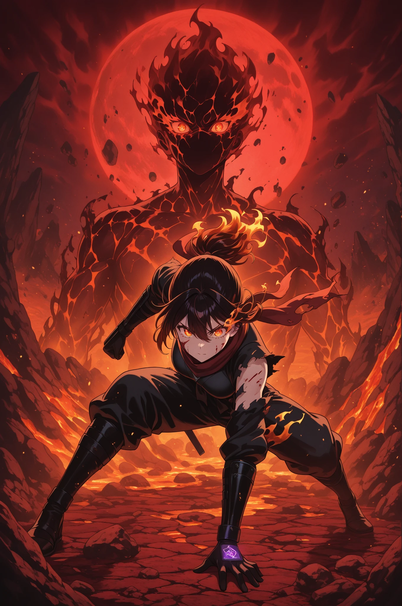 Madara Uchiha, the legendary shinobi and leader of the Uchiha clan, looks out over the devastated battlefield. His imposing presence is marked by his Sharingan eyes glowing with absolute power. With a confident smile, he addresses his opponents, who tremble before his unparalleled strength.