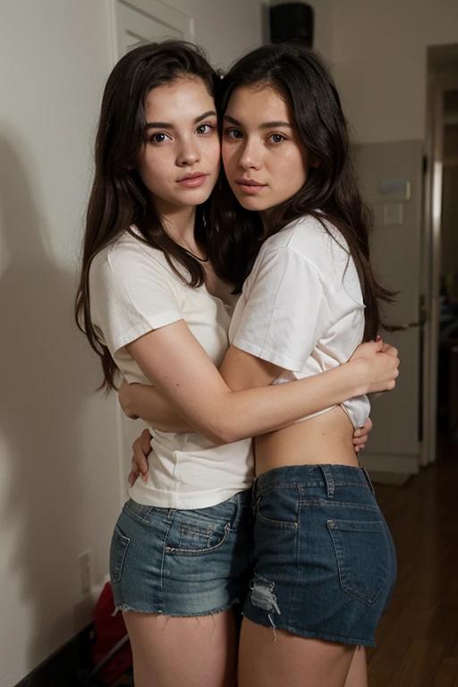 Twin sisters side by side their chest touching each other plain white t shirt bangs with a ponytail