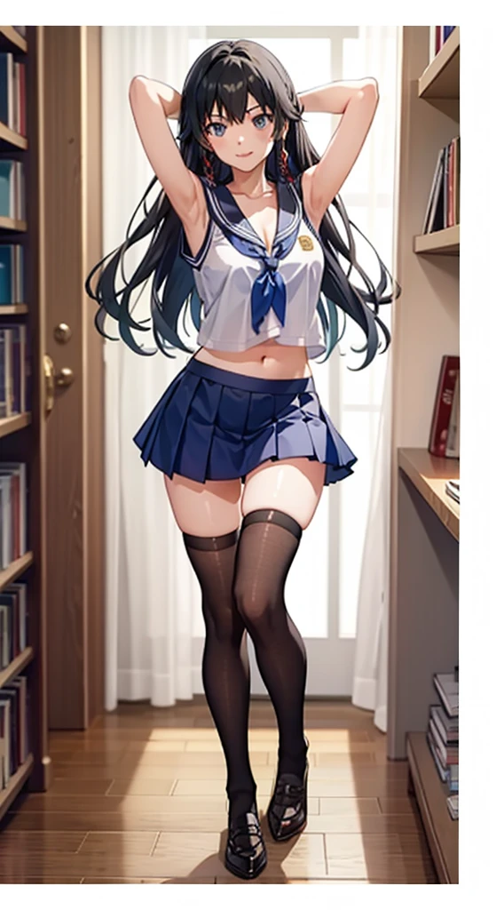 Masterpiece, best quality, school uniform, Tazune Rirei, blush, embarrassed, open mouth, black hair, white shirt, school classroom, window, sky, day, perfect lighting, dynamic angle, realistic white panties, twin braid hair, sitting, looking at viewer, crotch seam, Cameltoe, pantyshot, bottomless, navel, (loli), completely nude