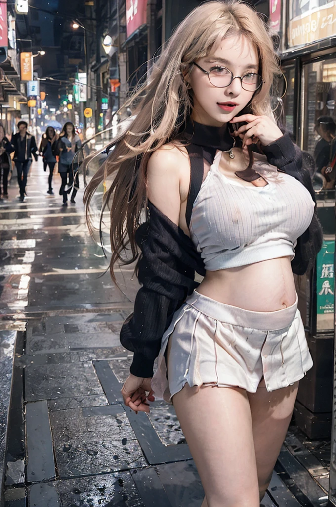 女の子1人, on tokyo street, A city scape, city light, The upper part of the body, a closeup, look happy, and look at the audience, low angles, (8K, Raw photography, top-quality, ​masterpiece:1.2), natta, (realisitic、フォトrealisitic:1.37), Beautiful Asian girl wearing an overcoat and posing, A glimpse of black underwear, Suppin, goddess of Japan, Japanese Models, perfect bodies, amazing goddess shots, Photorealistic face, detaileds