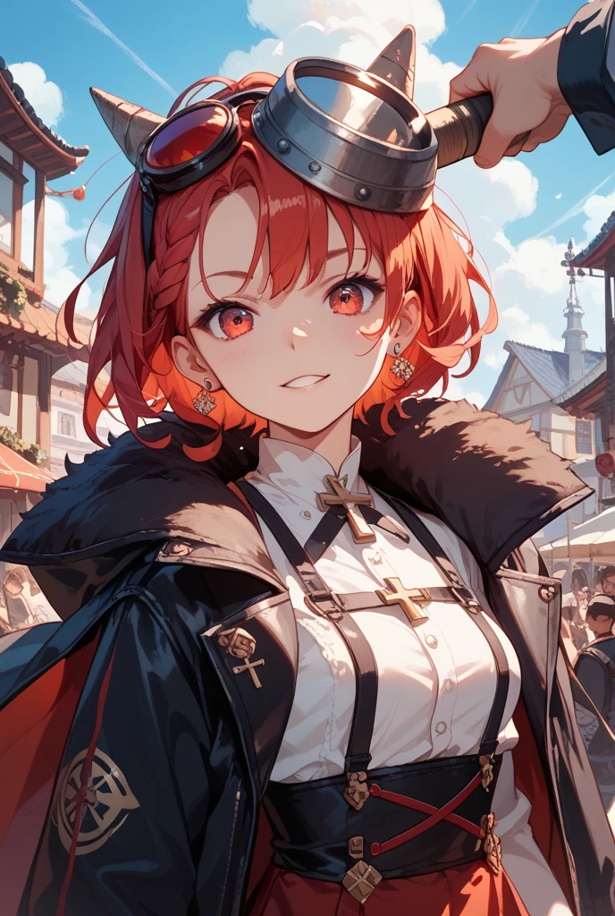 <lora:steampunkai10MBLora_10mb:1> steampunkai, mature female red hair steampunk pirate with medium breasts wearing fur trim cloak and single eye patch posing heroically and laughing by the dock at night cowboy shot ,<lora:epiNoiseoffset_v2:1>,