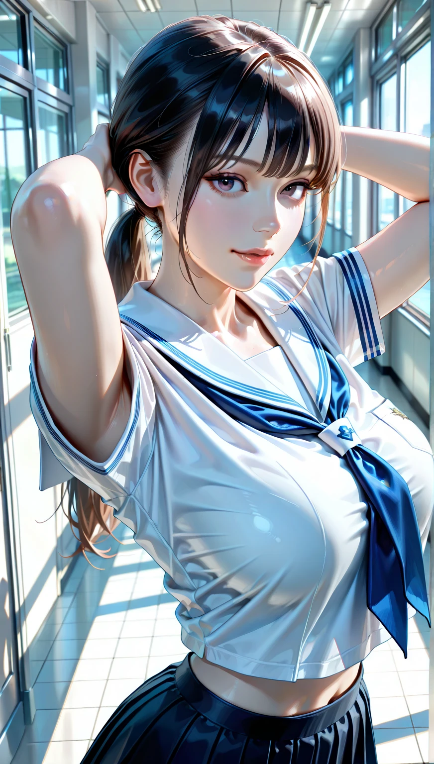 ((Realistic lighting、top-quality、in 8K、masterpiece:1.3))、Clear focus:1.2、twogirls、Perfect figure:1.4、Slim abs:1.1、((dark brown hair))、(White crop top:1.4)、(outside of house、natta:1.1)、Street、Super fine face、Narrow-eyed、二重まぶた、Beautiful fece、Opened mouth:1.8、Smile、Staring at the camera with a refreshing smile、Two beautiful sisters who are most famous in the world、Constriction of the lower back、Beautiful legs、Taut skin、Highly detailed facial and skin texture、A detailed eye、thin cheeks、Healthy skin、(Layered hairstyle、dark brown hair)、(large full breasts)、((disheveled outfit and hair:1.2))、(Elegant Japan sailor suit:1.5)、((skirt rift:1.3)), (Large breasts emphasis、Natural cleavage)、(Cuddle in an incredibly crowded subway train))、frombelow、((Blushing expression:1.5))、