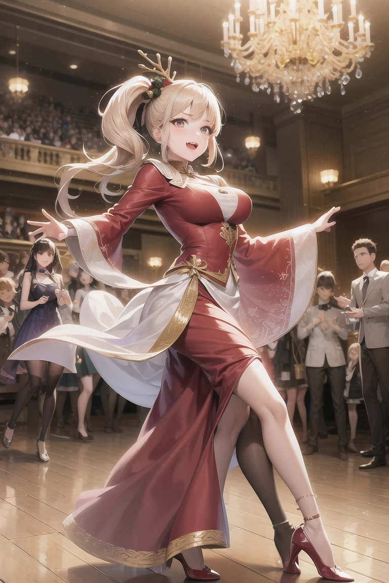A marionette, beautiful detailed eyes,beautiful detailed lips,extremely detailed eyes and face,longeyelashes,white hair,blue eyes,short hair in bun with flowers,jesterclothes,extremely detailed clothes,little, little waist,no bust,grin,smile,happy,with a mask, on a stage in a classical theater,4k wallpaper,high quality render,super detailed render,2D,super detailed,high quality,4k,HD,high quality hair, full body 