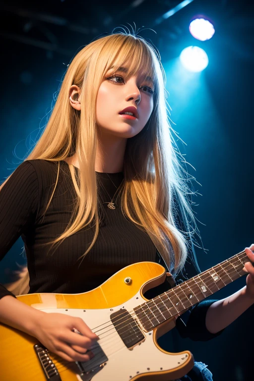 1womanl、(Super beautiful)、(beauitful face:1.5)、(A detailed face:1.5)、(A detailed eye:1.1)、(Detailed lips:1.1)、(Detailed nose:1.1)、(plays the electric guitar:1.5)、(electric guitar:1.5)、(with spreading legs:1.2)、(Showing white panties:1.4)、(tshirts)、(a miniskirt:1.5)、(Golden hair:1.3)、(on stage at a rock concert:1.3)、(At SFW:1.1)