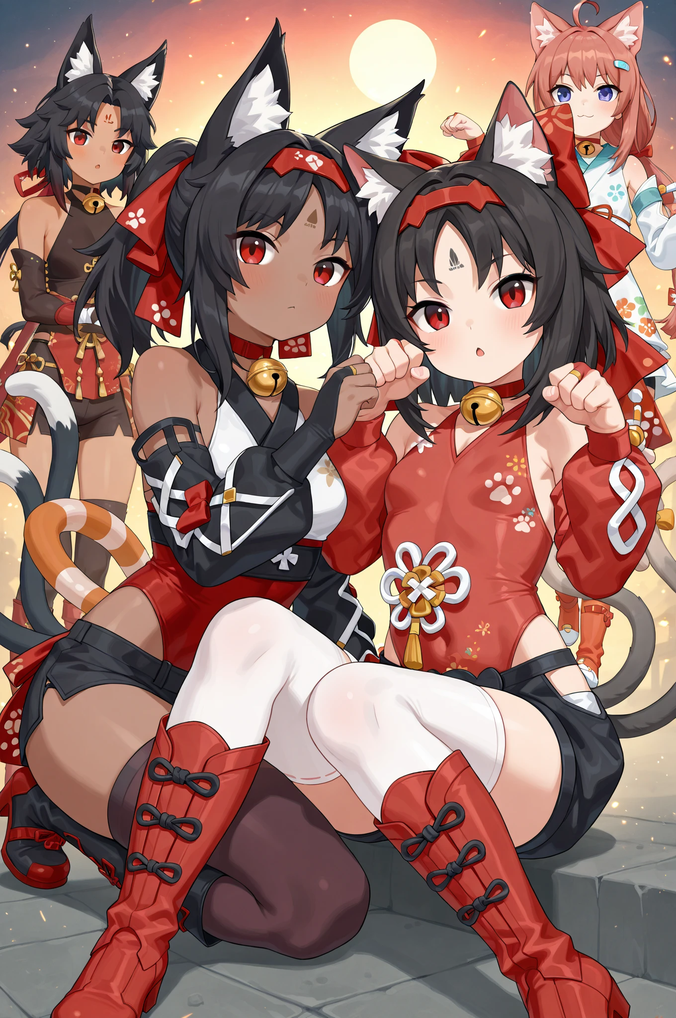 mandalay, 5girls, group, breasts, looking at viewer, smile, short hair, bangs, skirt, large breasts, simple background, brown hair, gloves, white background, navel, animal ears, hair between eyes, bare shoulders, brown eyes, closed mouth, tail, full body, boots, sleeveless, midriff, cat ears, from side, crop top, cat tail, fur trim, sideboob, fake animal ears, red skirt, headgear, facial mark, squatting, red footwear, animal hands, paw pose, fake tail, whisker markings, paw gloves, quintuplets, clones