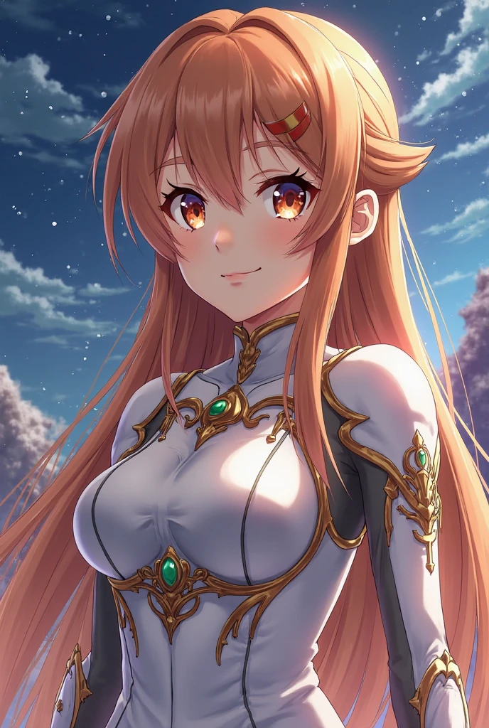 In seven deadly sins anime style, a fairy with long brown hair, freckles, big and long pointy ears, almond shaped blue eyes, with earrings, a nose piercing on right side of my nose, wearing a modest outfit, hourglass figure, and really pretty purple wings