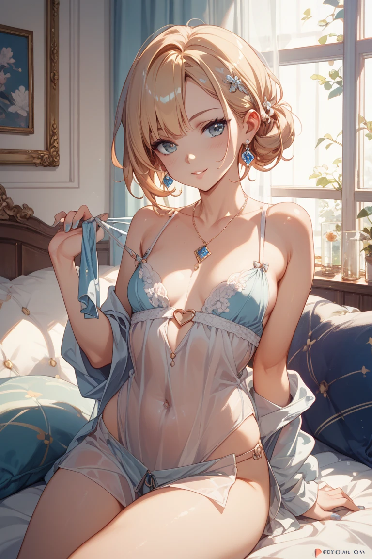 masterpiece, high quality, best quality, beautiful, hd, perfect lighting, detailed face, detailed body, 1 girl, solo, (long beige hair), blue eyes, medium breasts, (yellow underwear), ((yellow negligee)), blush, sexy pose, sexy face, (royal bedroom in the background), earrings,