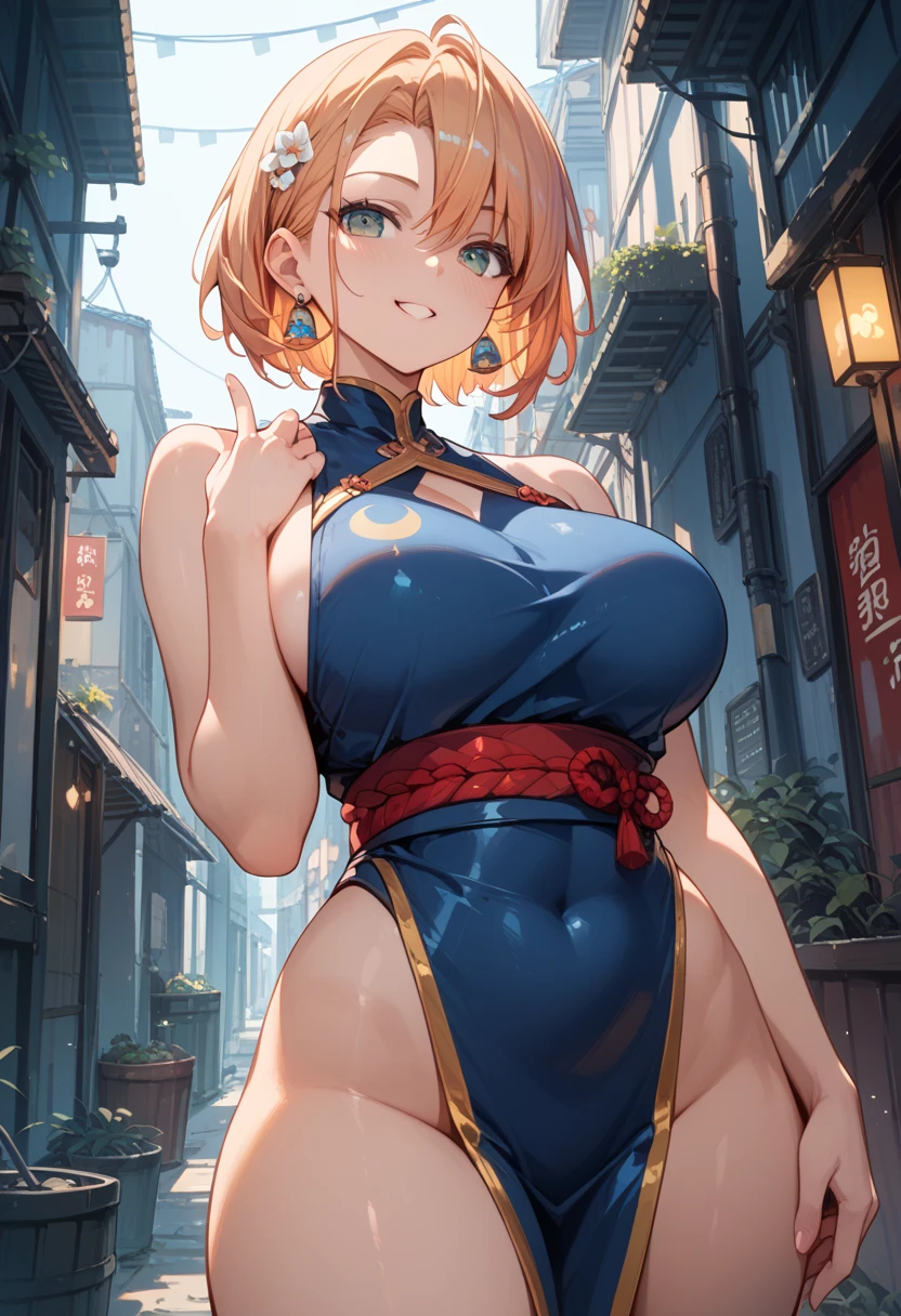 Anime style, super fine illustration, highly detailed, beautiful detailed, pale tone image, static representation, gentle expression, 8k, pretty 1girl with blonde straight short hair & blue eyes & a bright smile & huge breasts & nipples & soft fair skin is wearing the yukata, night fairs of Japanese festival is background, neon, brilliant particles of lights, romantic stories, solo, perfect fingers, perfect arms, perfect legs, masterpiece.