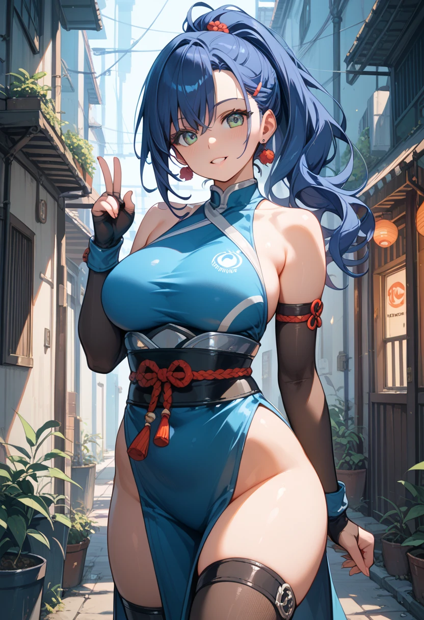 <lora:Captor_Clash_XL:1> (captorclash_style:1.45) action pose, full body, (masterpiece), best quality, highres, 4k, 8k, intricate detail, cinematic lighting, amazing quality, amazing shading, soft lighting, Detailed Illustration, official artwork, anime style, wallpaper, official art, ultra detailed skin, ultra detailed face, perfect eyes, small skin imperfections, chromatic aberration, colorful, bright colors, 1girl, Fishtail braid, small boobs, flat chest, Stocky body, hazel eyes, Royal blue hair, sexy clothes, sexy, ancient chinese city, night, red chinese lamps, chromatic aberration, colorful lighting conditions, oily skin, hair ornament