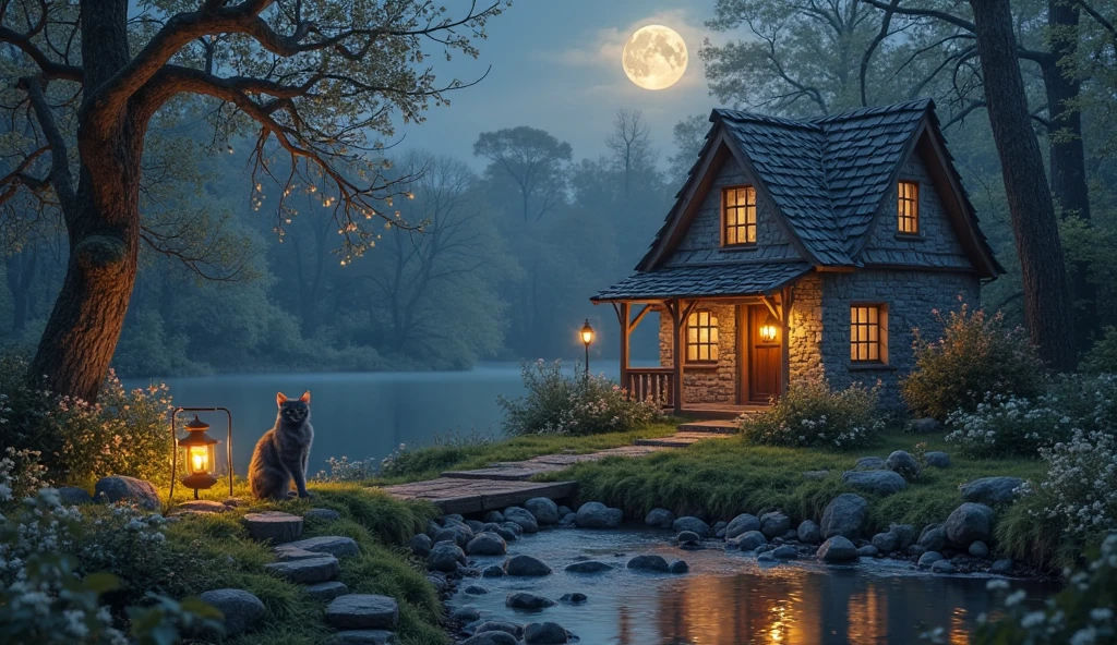 A Small Cozy Stone Cottage By A Gentle River At Night Glowing a-small-cozy-stone-cottage-by-a-gentle-river-at-night-glowing