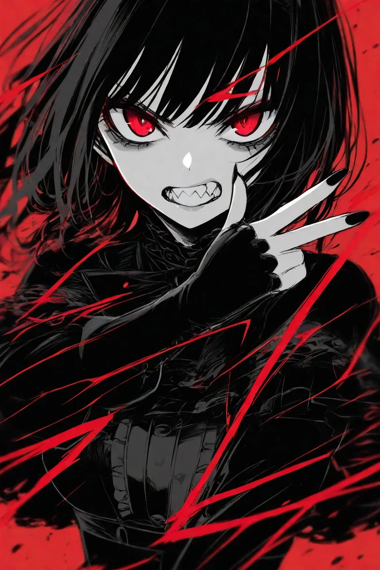 Black hair, Medium hair, Red eyes, Black pupils, Swimsuit, Breasts