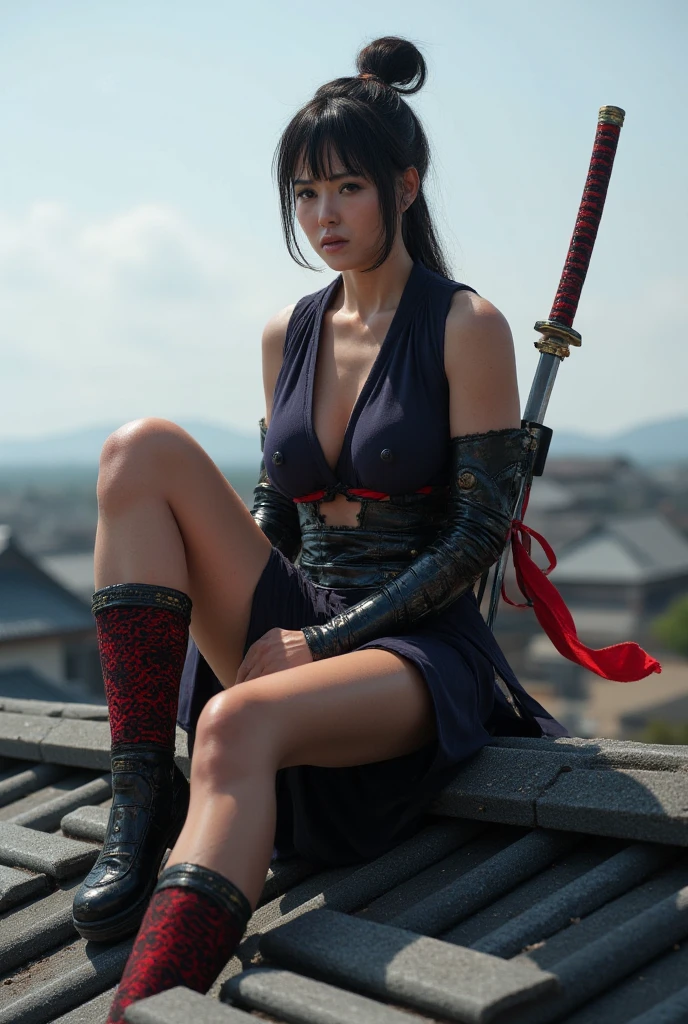 whole body、Dynamic Pose、A big smile、8K Portrait、Black Bob、Kunoichi、Samurai Girl、Hanfu、Beautiful Japanese Women、White skin、double eyelid、Wearing a black and purple ninja costume、Plump cleavage、1 girl、arms、sword、一人でarmsを握る、Blood、swordのグリップ、Arm guard、Looking at the audience、Ninja silhouette、Action-packed、dynamism、Ambient Lighting、Photo Authenticism、Intricate facial details、Intricate handcrafted detailing、Very detailed、Bright colors