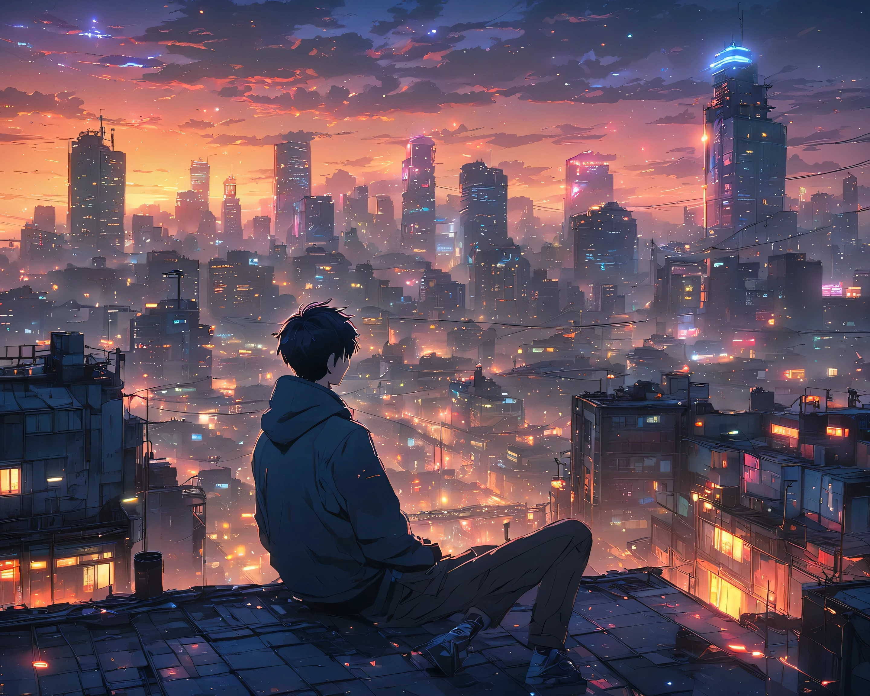 anime boy sitting on a rooftop watching the sunset, watching the sun set. anime, lofi artstyle, anime background art, anime style cityscape, beautiful anime scene, lofi art, in style of makoto shinkai, 4 k manga wallpaper, makoto shinkai cyril rolando, hd anime cityscape, ilya kuvshinov landscape, 4k anime wallpaper(bright colours)(brokeh effect)(glowing dots and firefly)