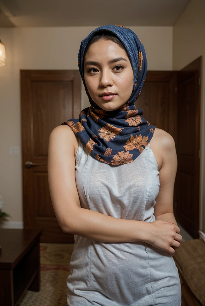 The most beautiful,thin,most pretty and clever Asian muslimah adult girl wears bee print lycra turtleneck unitard catsuit covered with stripes with a pair of insect wings.She always wear lycra dancewear stretchy square hijab.She sits on the bed and reads a lot of newspapers