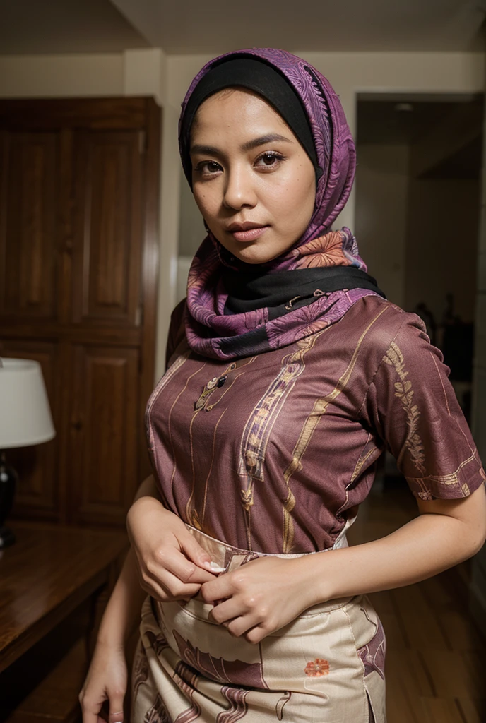A Indonesia young woman with wearing a pink hijab and a beige top,,big breast posing in front of a colorful patterned background