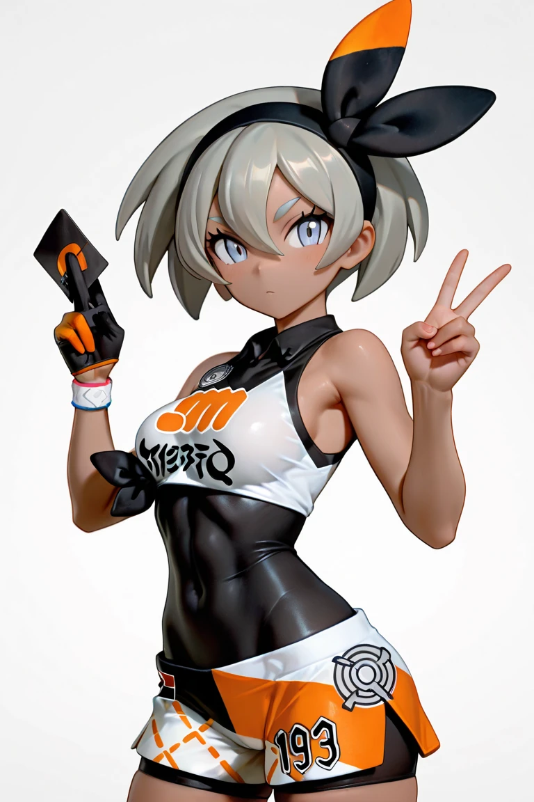 score_9,score_8_up,score_7_up,score_6_up,score_5_up,score_4_up,
<lora:bea_(pokemon):1>,highres,thick_eyebrows,bea_\(pokemon\),skin_tight,wristband,commentary,abs,shirt_lift,cowboy_shot,simple_background,medium_breasts,1girl,solo,dark-skinned_female,knee_pads,sweat,cameltoe,hairband,white_background,covered_navel,expressionless,towel,black_gloves,crop_top,bodysuit_under_clothes,short_shorts,short_sleeves,dutch_angle,covered_nipples,two-tone_gloves,orange_gloves,